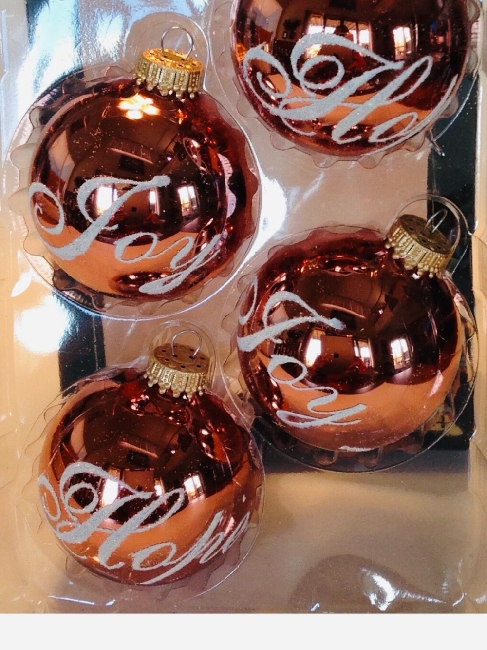 Krebs Christmas Ornament Set 4 Joy Hope Copper Color Glass Balls